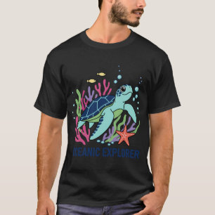 Speelse Cartoon Zee Schildpad Ontdekkend Kleurrijk T-shirt