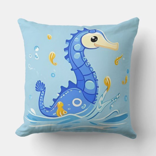 Speelse Cartoon Zeepaardje in Blauwe Wateren Kussen (Voorkant)