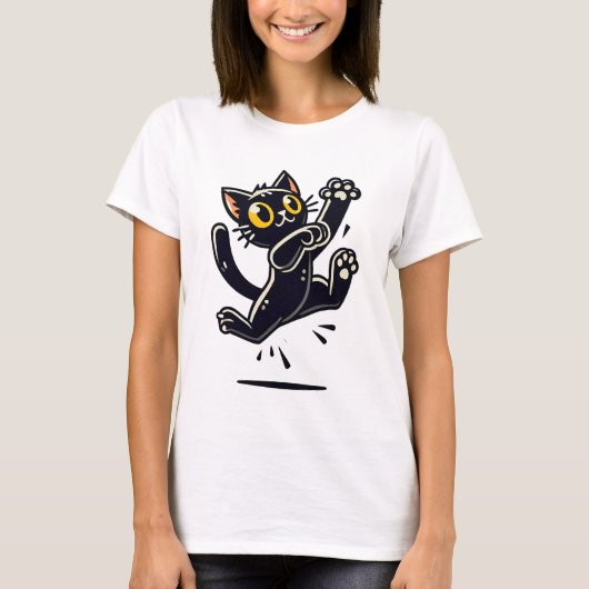 Speelse Cartoon Zwart Kat Springend T-shirt (Voorkant)