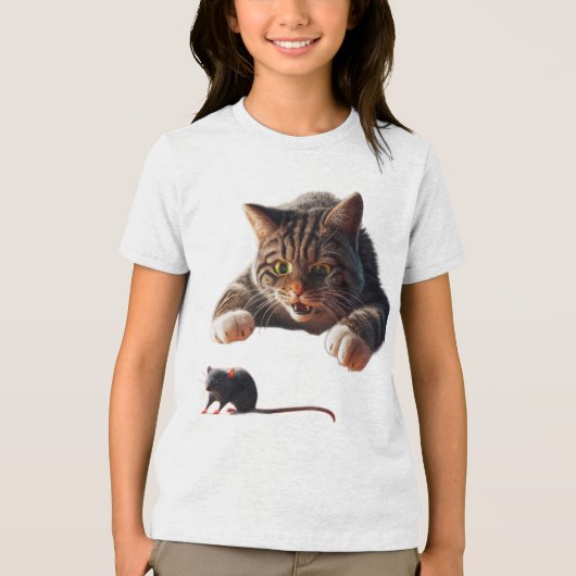 Speelse Cat Pouncing op Muis – Funny Cartoon Desi Tri-Blend Shirt (Voorkant)