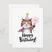 Speelse Cat Verjaardag Ontwerp met Daisy Feestdagenkaart (Voorkant / Achterkant)