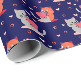 Speelse Cat Wrapping Paper – Navy Blue Hearts Cadeaupapier