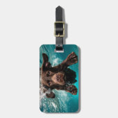Speelse chocolade labrador zwemmen onder water bagagelabel (Voorkant verticaal)