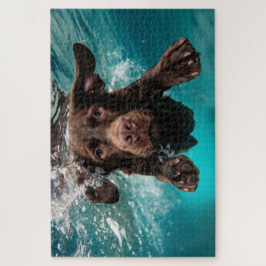 Speelse chocolade labrador zwemmen onder water legpuzzel (Verticaal)