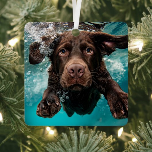 Speelse chocolade labrador zwemmen onder water metalen ornament (Insitu)