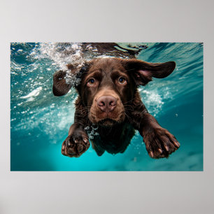 Speelse chocolade labrador zwemmen onder water poster