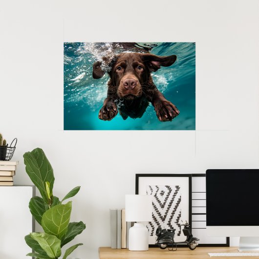 Speelse chocolade labrador zwemmen onder water poster (Thuiskantoor)