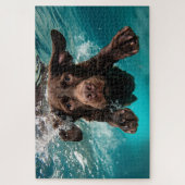 Speelse chocolade labrador zwemt onder water legpuzzel (Verticaal)