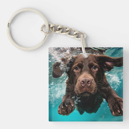 Speelse chocolade labrador zwemt onder water sleutelhanger (Voorkant)