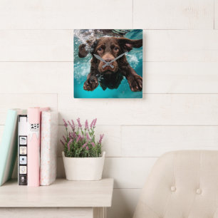 Speelse chocolade labrador zwemt onder water vierkante klok
