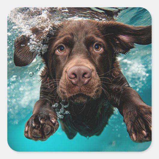 Speelse chocolade labrador zwemt onder water vierkante sticker (Voorkant)