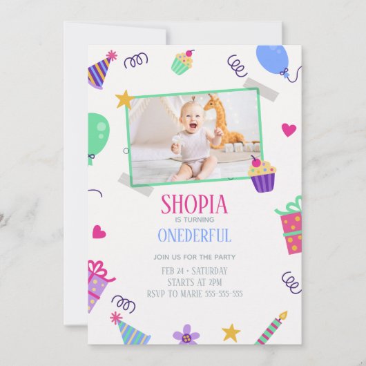 Speelse Cupcake 1e verjaardag foto uitnodiging (Voorkant)