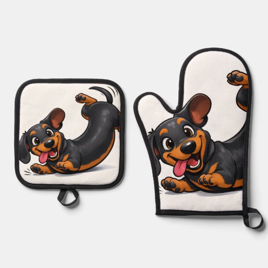Speelse Dachshund Puppy Ovenwant & Pannenlap Set (Voorkant)