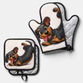 Speelse Dachshund Puppy Ovenwant & Pannenlap Set (Voorkant / Achterkant)