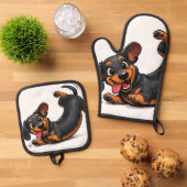 Speelse Dachshund Puppy Ovenwant & Pannenlap Set (Top down)