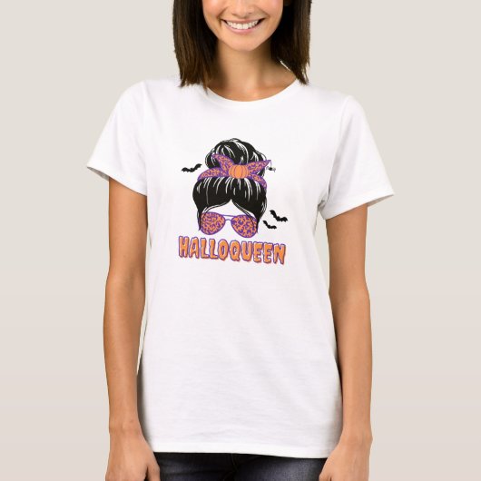 Speelse Dierenprint Halloqueen Messy Bun T-shirt (Voorkant)