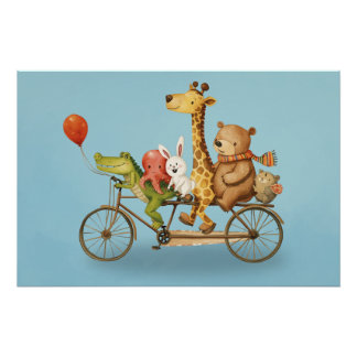 Speelse dierenvrienden op fiets Illustratie Poster