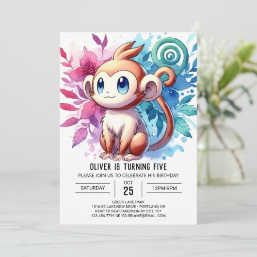 Speelse digitale aap verjaardag kaart (Staand voorkant)