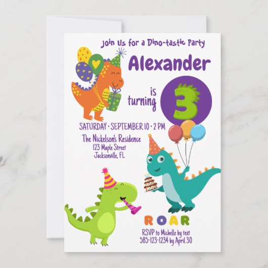 Speelse Dinosaur drie jaar verjaardagsuitnodiging Kaart (Voorkant)