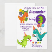 Speelse Dinosaur drie jaar verjaardagsuitnodiging Kaart (Voorkant / Achterkant)