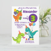 Speelse Dinosaur drie jaar verjaardagsuitnodiging Kaart (Staand voorkant)