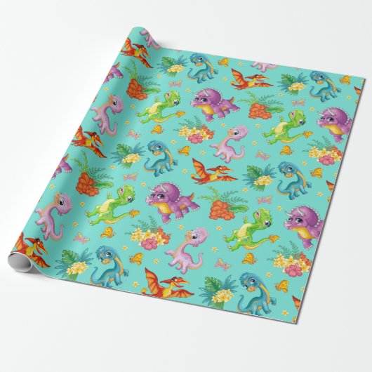 Speelse Dinosaurussen Cadeaupapier (Uitgerold)