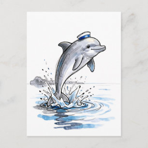 Speelse dolfijn die hoog springt in marine-inktill briefkaart