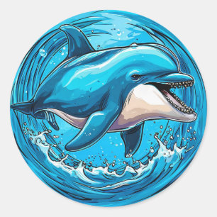 Speelse dolfijn springt in waterplassen ronde sticker