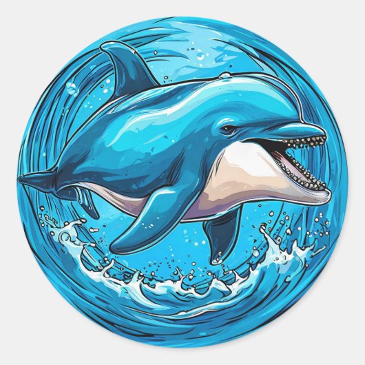 Speelse dolfijn springt in waterplassen ronde sticker (Voorkant)