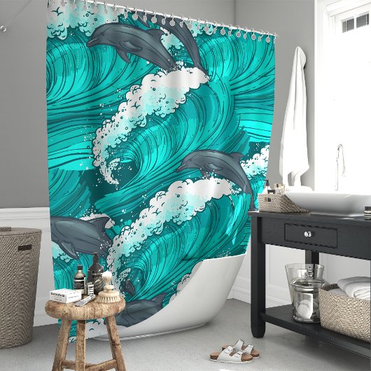 Speelse dolfijnen en oceaangolven douchegordijn