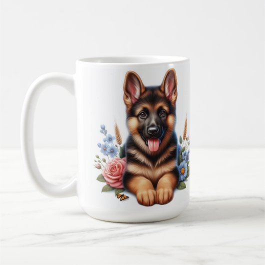 Speelse Duitse Herder Puppy met bloemen Koffiemok (Links)