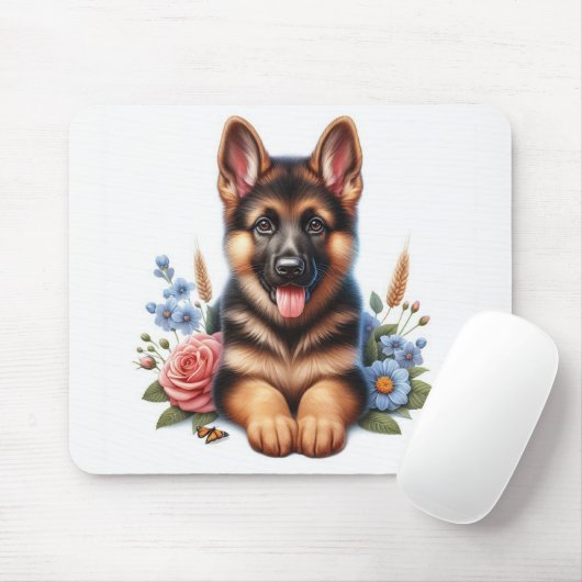 Speelse Duitse Herder Puppy met bloemen Muismat (Met muis)