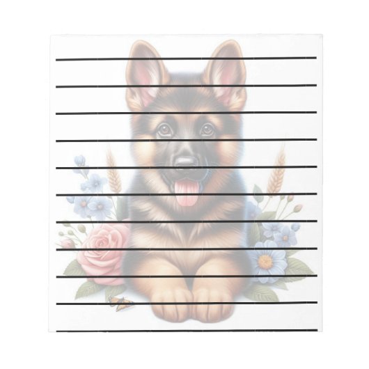 Speelse Duitse Herder Puppy met bloemen Notitieblok (Voorkant)