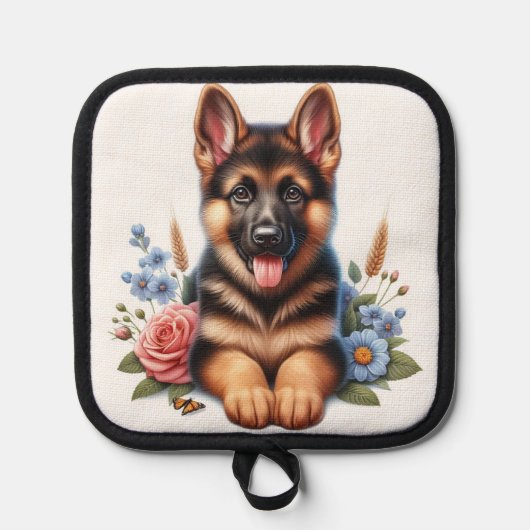 Speelse Duitse Herder Puppy met bloemen Pannenlap (Voorkant)