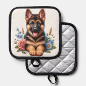 Speelse Duitse Herder Puppy met bloemen Pannenlap (Voorkant / Achterkant)