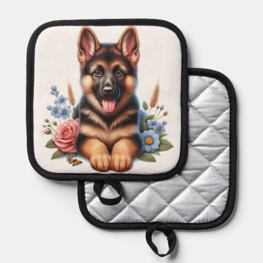 Speelse Duitse Herder Puppy met bloemen Pannenlap (Voorkant / Achterkant)