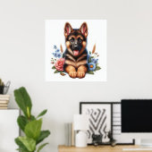 Speelse Duitse Herder Puppy met bloemen Poster (Thuiskantoor)