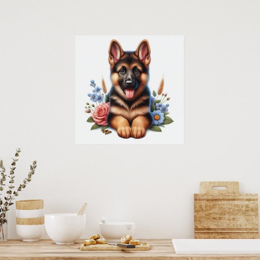 Speelse Duitse Herder Puppy met bloemen Poster (Keuken)