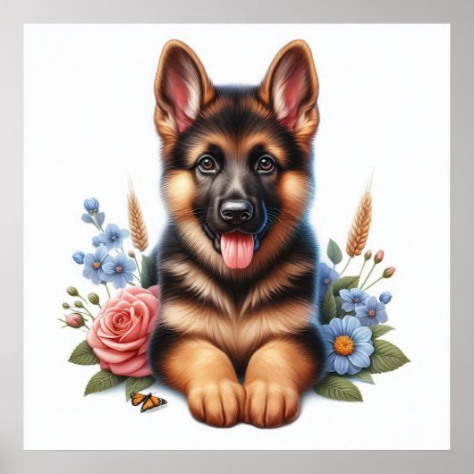 Speelse Duitse Herderspuppy met Bloemen Poster (Voorkant)