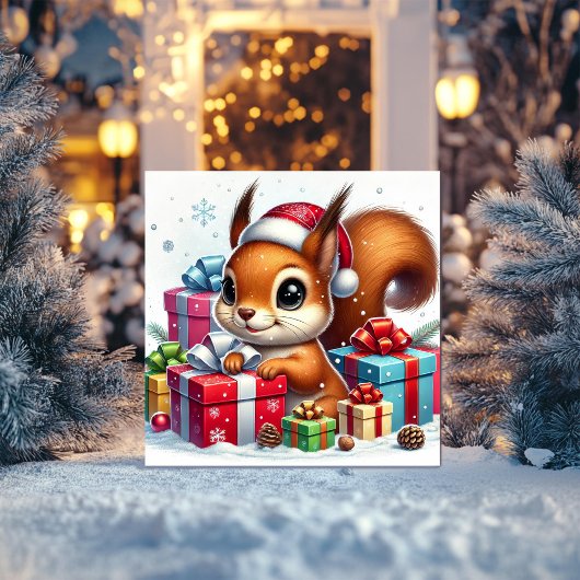 Speelse Eekhoorn Tussen Kerstcadeaus Feestdagenkaart