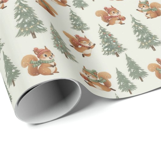 Speelse eekhoorns in het kerst-winterbos cadeaupapier (Rol Hoek)