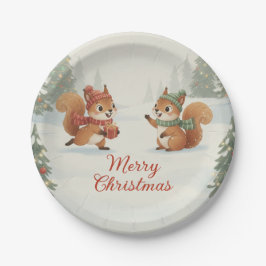Speelse eekhoorns in het kerst-winterbos papieren bordje