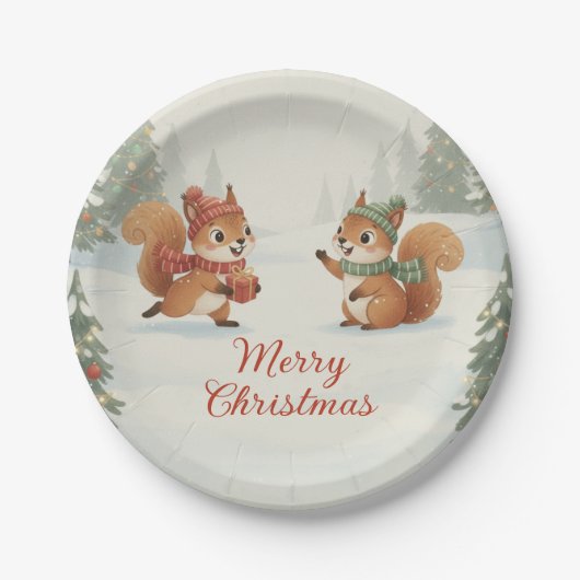 Speelse eekhoorns in het kerst-winterbos papieren bordje (Voorkant)