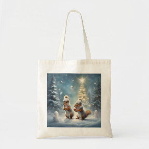 Speelse eekhoorns spelen met Kerst in de sneeuw Tote Bag