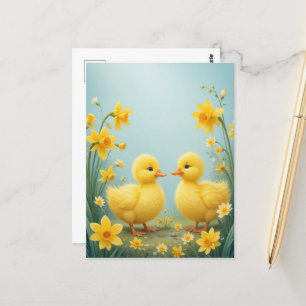 Speelse eendjes tussen narcissen briefkaart