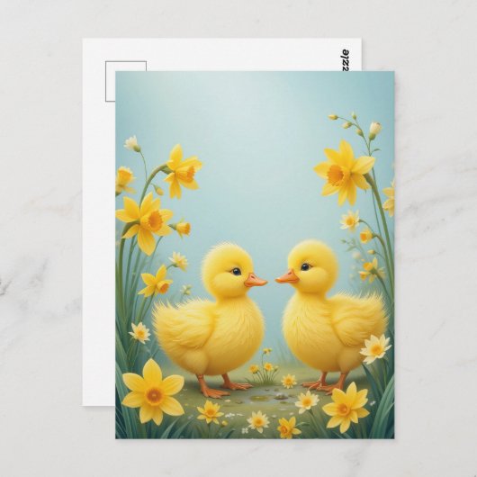 Speelse eendjes tussen narcissen briefkaart (Voorkant / Achterkant)