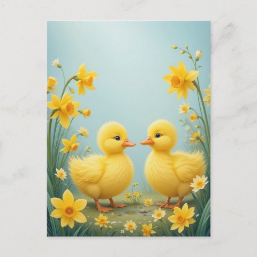 Speelse eendjes tussen narcissen briefkaart (Voorkant)