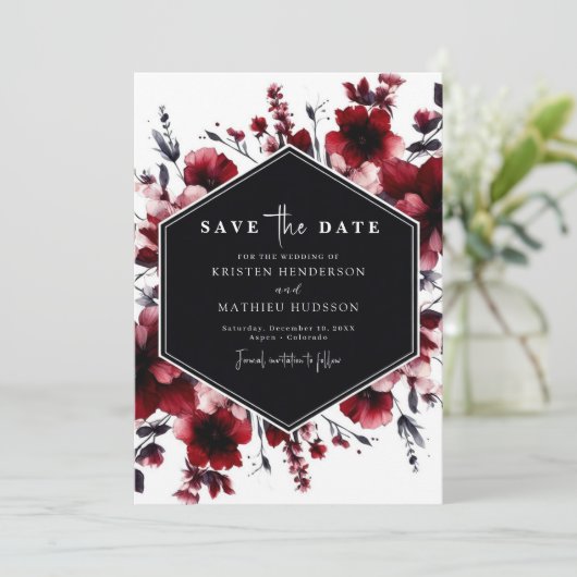Speelse Elegante Crimson Red Wedding Save The Date (Staand voorkant)