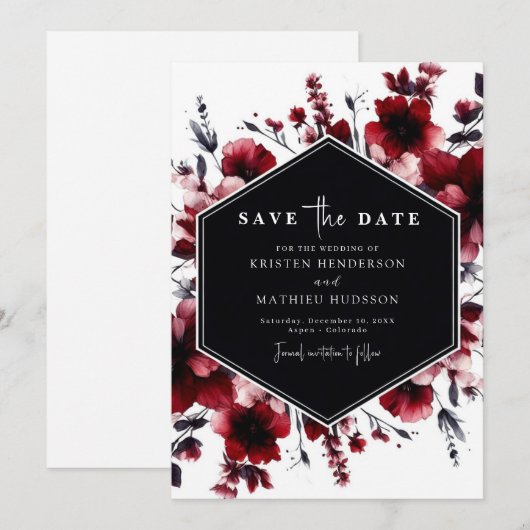 Speelse Elegante Crimson Red Wedding Save The Date (Voorkant / Achterkant)