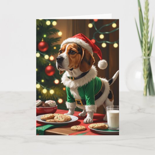 Speelse Elf Beagle met koekjes voor de kerstman Kaart (Voorkant)